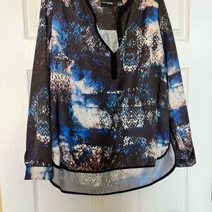 DKNY Blue and Black Blouse with Mandarin Collar and 3/4 Sleeves